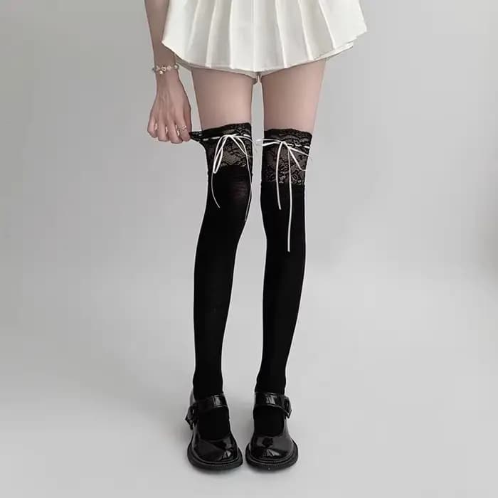1 paire de chaussettes en velours blanc avec ruban à nouer, style Lolita, mignonnes et douces, mi-mollet, pour femmes, chaussettes hautes Kawaii
