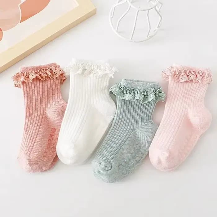Chaussettes en dentelle coordonnantes pour bébés filles, chaussettes de sol respirantes pour enfants, point adhésif, coton solide, document doux