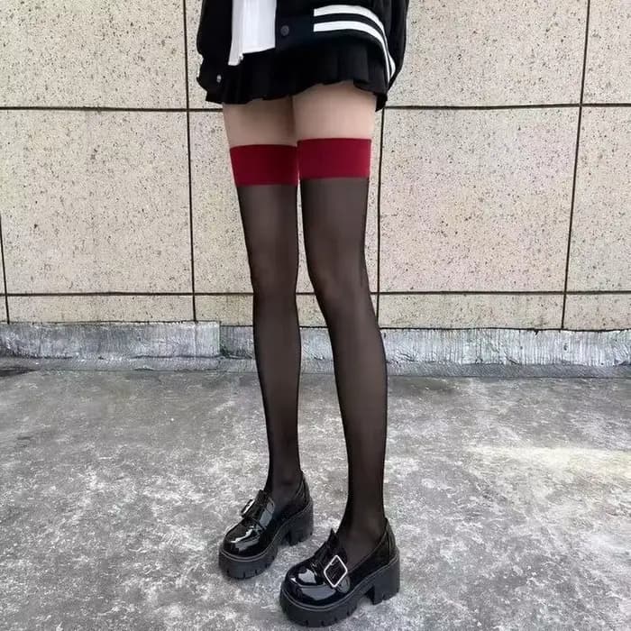 Sexy bord rouge nouveau sur le genou chaussettes longues dentelle gothique Transparent cuisse haute bas femmes Punk JK mince soie solide bonneterie