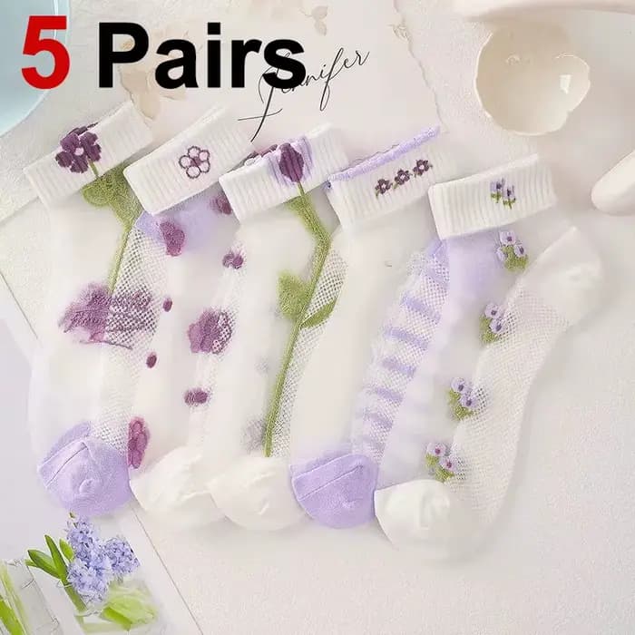 5 paires de chaussettes courtes à motifs de fleurs pour femmes