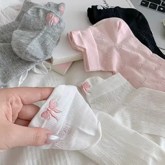 5 paires de chaussettes confortables et respirantes pour femmes, mode printemps-été, avec nœud mignon, chaussettes bateau simples, chaussettes tube simples