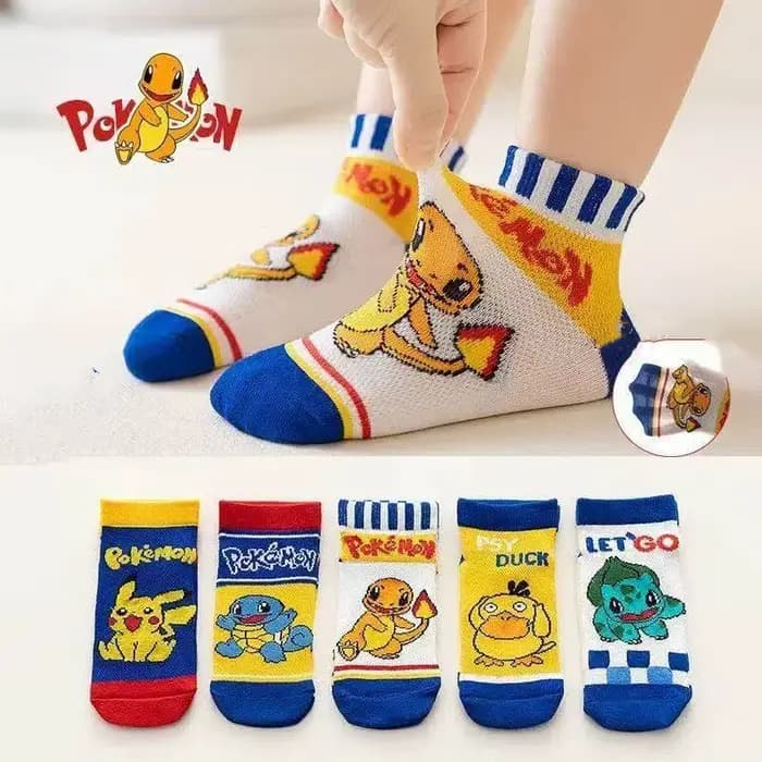 5 paires de chaussettes Pok é mon Pikachu pour garçons et filles, chaussettes en coton à col rond, mignonnes et respirantes, chaussettes d'été pour enfants