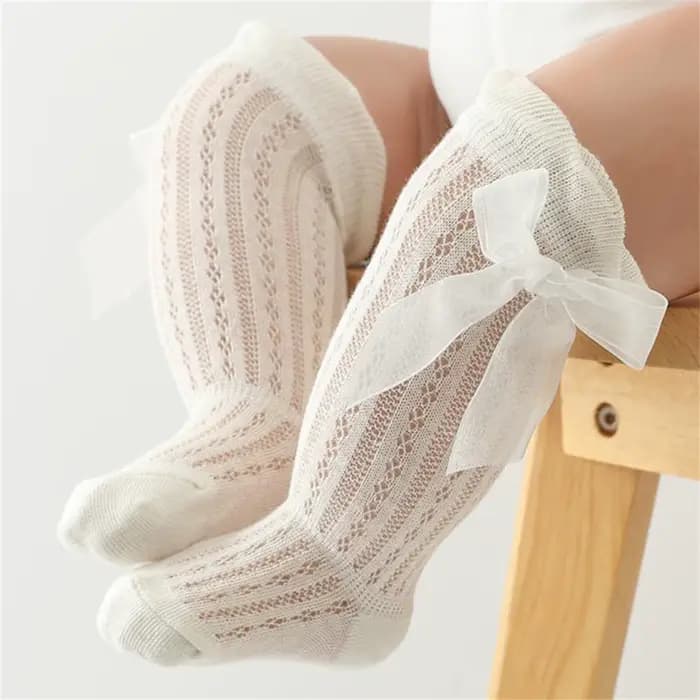 Bas longs pour bébés filles de 0 à 24 mois, chaussettes princesse de couleur unie, mignonnes avec nœud papillon, respirantes, à bouche ample, au-dessus du genou