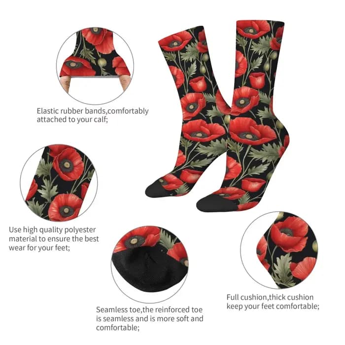 1 paire de chaussettes coquelicot rouge sur fond noir conçues pour les hommes avec un style hip hop vintage