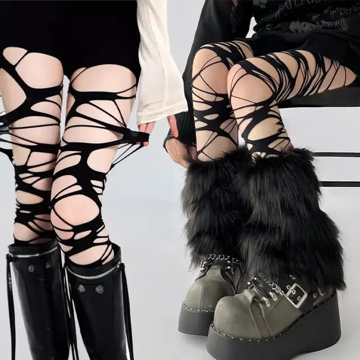 Mode Punk déchiré sangle trous collants Nue Sexy Lolita gothique toile d'araignée bas dames Y2k noir maille collants doux haute bonneterie