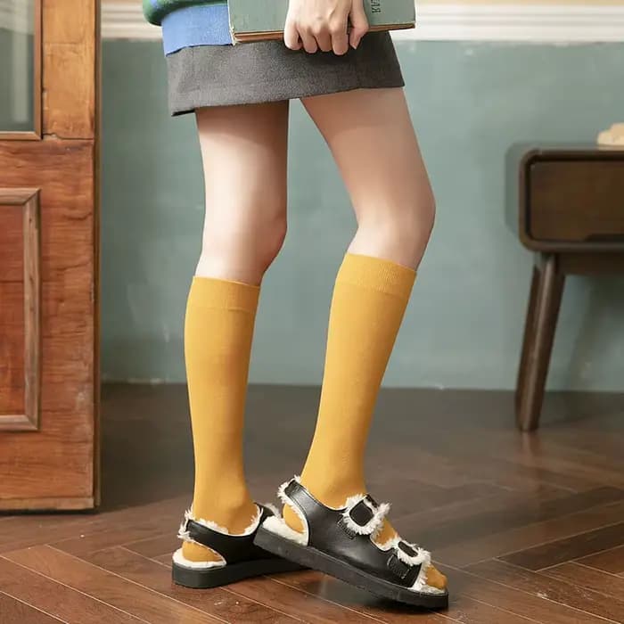 Chaussettes longues pour femmes, bas en coton biologique, couleur unie, chaudes, hautes jusqu'à la cuisse, pour dames et jeunes filles, mode streetwear, chaussettes décontractées au genou, style Haraj