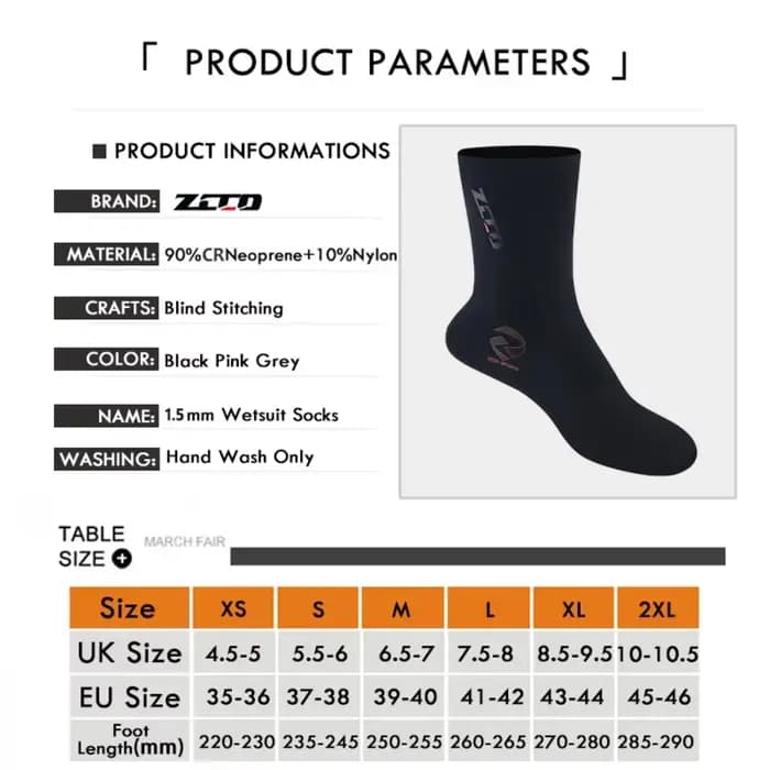 1 paire de chaussettes de plongée unisexes en néoprène CR