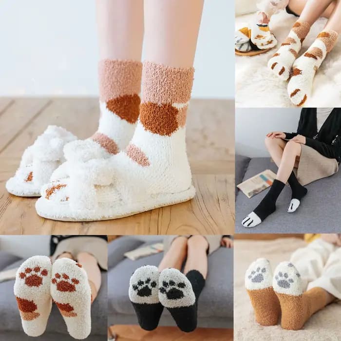 Femmes hiver chaud moelleux chaussettes mignon Animal griffe chat patte empreinte floue chaussettes femme épais corail polaire maison sol sommeil chaussettes