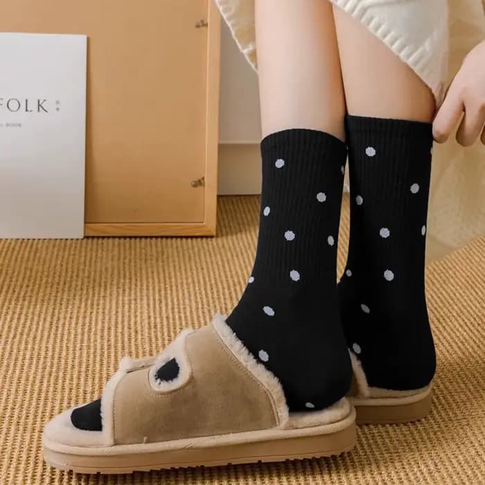 5 paires de chaussettes à semelle intermédiaire pour femmes, printemps/été, à pois, couleur classique noir et blanc, adaptées aux sports de plein air et aux loisirs