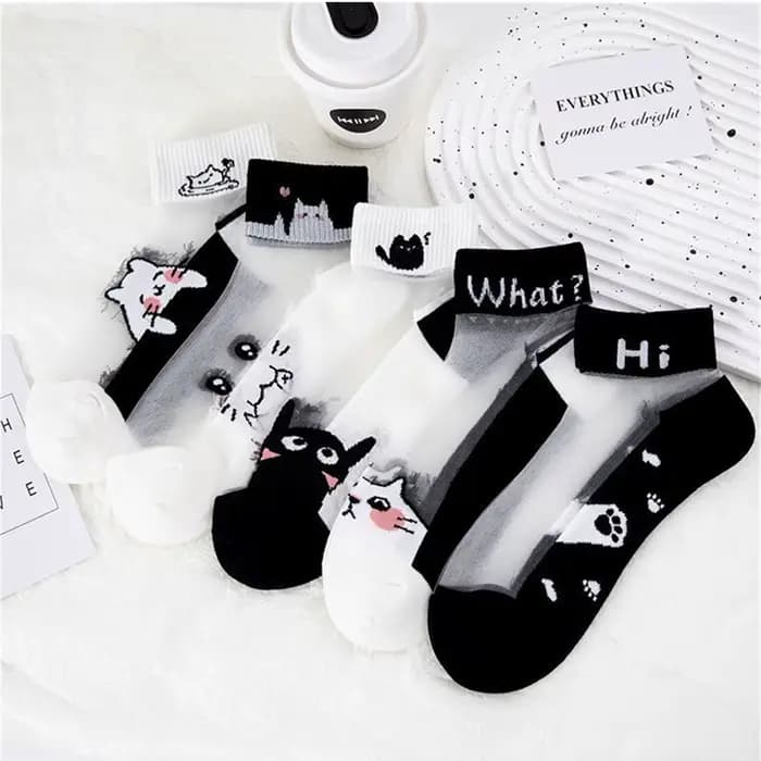 Dreamlikelin 5 paires/lot chaussettes d'été noir et blanc chat verre soie respirant femme