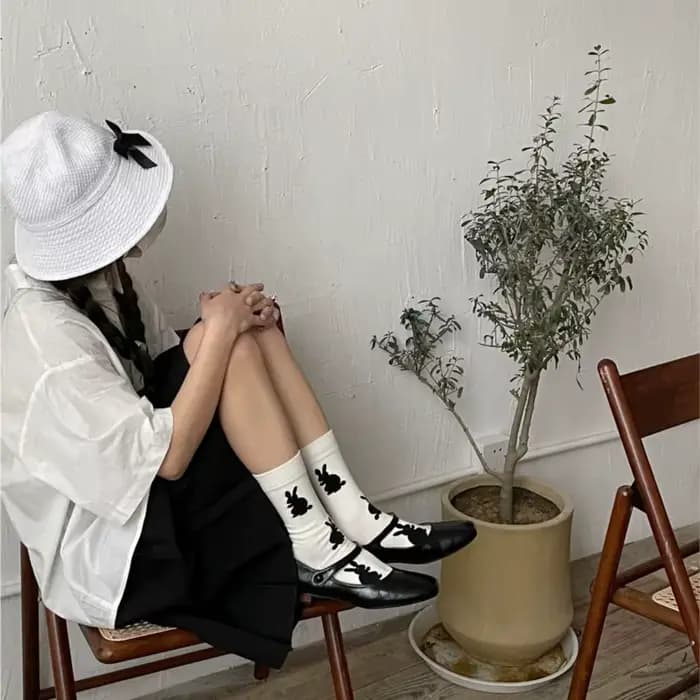 Chaussettes mi-mollet pour femmes, motif lapin mignon, en coton, respirantes, couleur unie, style simple et tendance, collection Printemps-Été, vente en gros