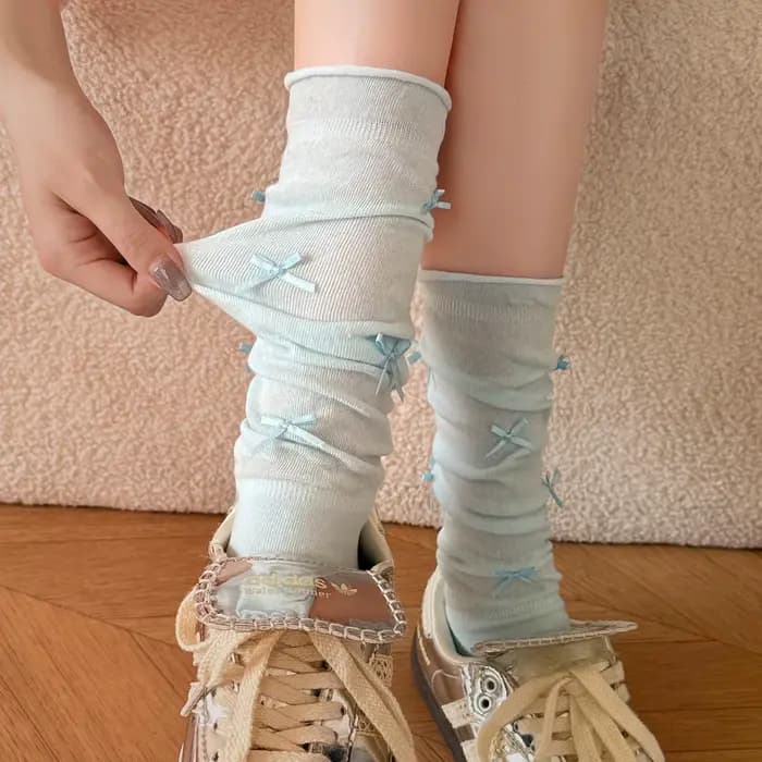 Chaussettes pour femmes, style ballet, chaussettes en tissu éponge, longues avec nœud, style étudiant, faciles à assortir, fines et style été