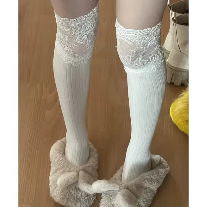 Lolita Optics Cuissardes en dentelle pour femmes, bas chauds, chaussettes longues, sexy, noir, blanc, mignon, solide, document, botte, automne, hiver