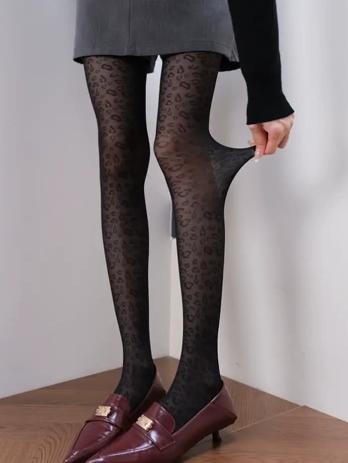 1 paire de collants noirs pour femmes, collants sexy transparents à imprimé léopard, bas à la mode