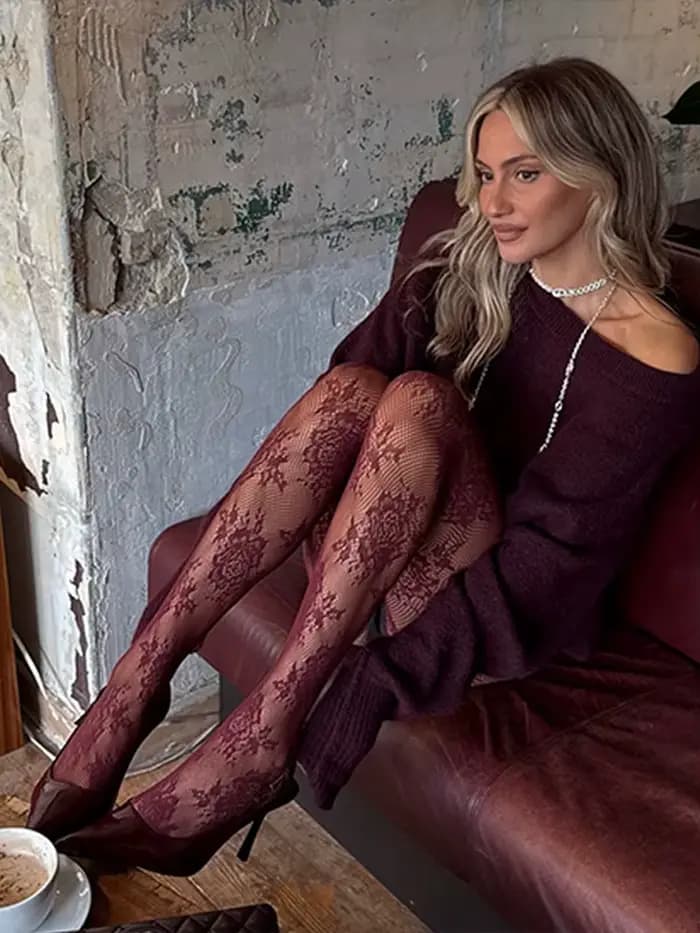 Collants en dentelle bordeaux pour femmes