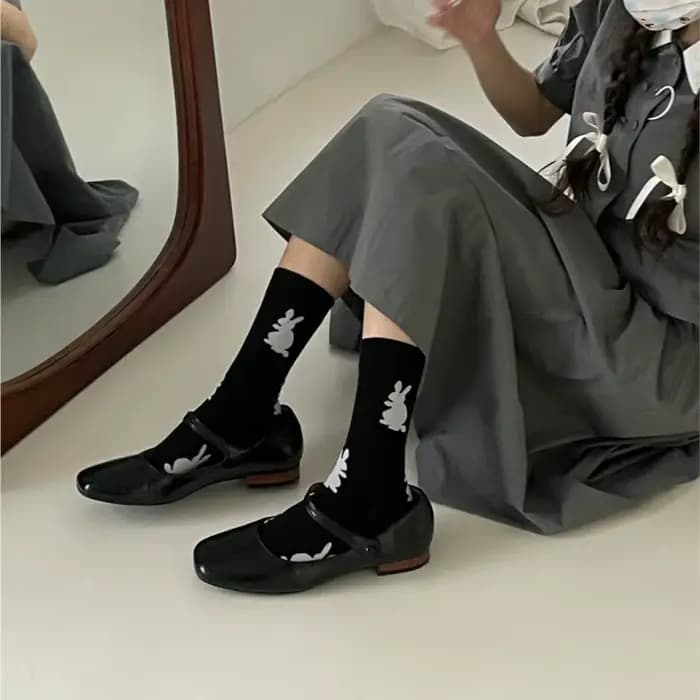 Chaussettes mi-mollet pour femmes, motif lapin mignon, en coton, respirantes, couleur unie, style simple et tendance, collection Printemps-Été, vente en gros