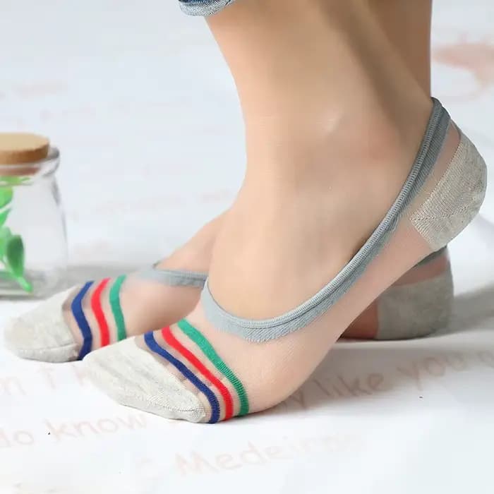2 couleurs printemps/été chaussettes invisibles | Pantoufles fines rayées en soie cristal à la mode pour femmes