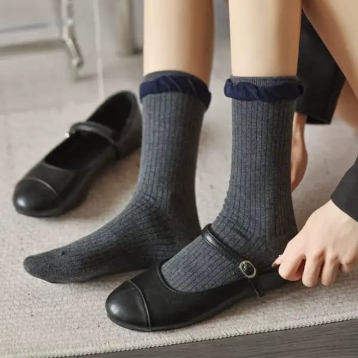 1/5 paires bleu marine rétro femmes mi Tube chaussettes à la mode Texture classique bords roulés pour toutes les