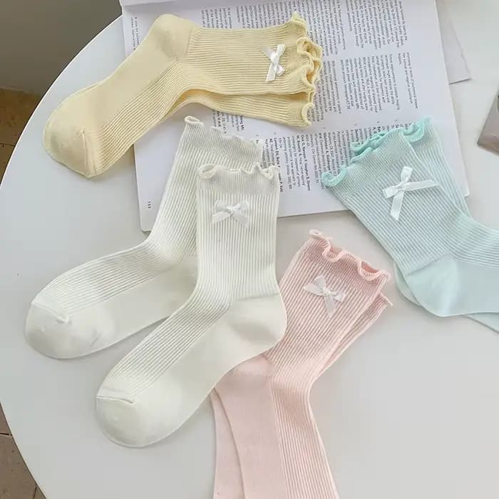 Chaussettes pour femmes, nouvelle collection, couleur bonbon, avec nœud, style décontracté, mode coréenne, respirantes, à volants, en coton