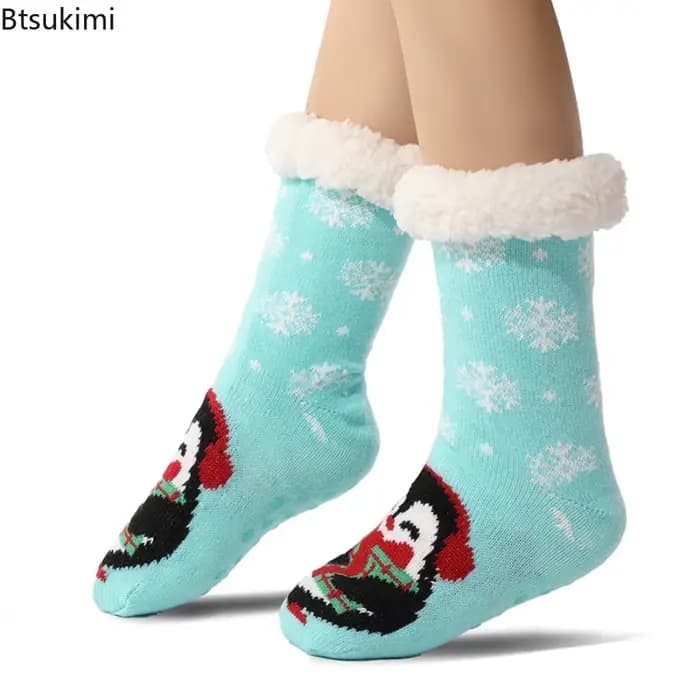 Nouvelles chaussettes pantoufles thermiques douces et chaudes en peluche antidérapantes à rayures pour femmes, collection Noël 2026