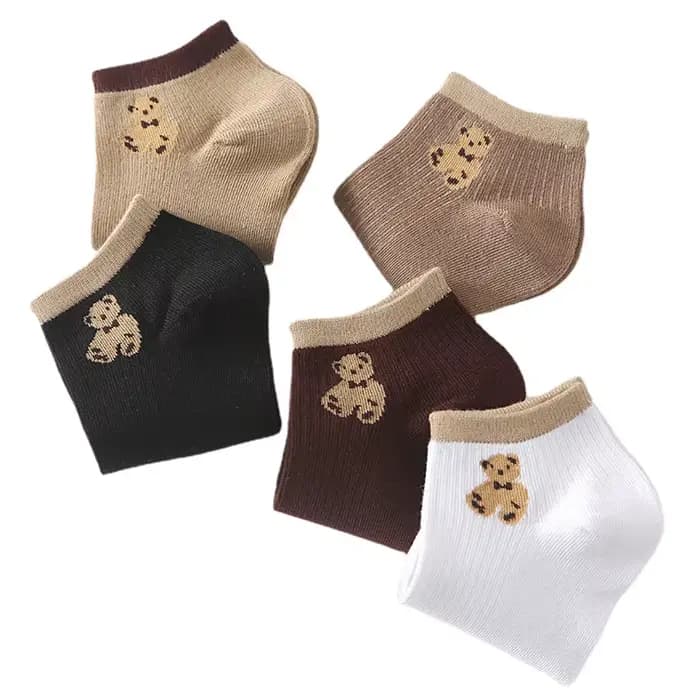 5 paires de chaussettes courtes pour femmes, motif ours en peluche mignon, à coupe basse, pour le printemps et l'été, chaussettes bateau décontractées assorties
