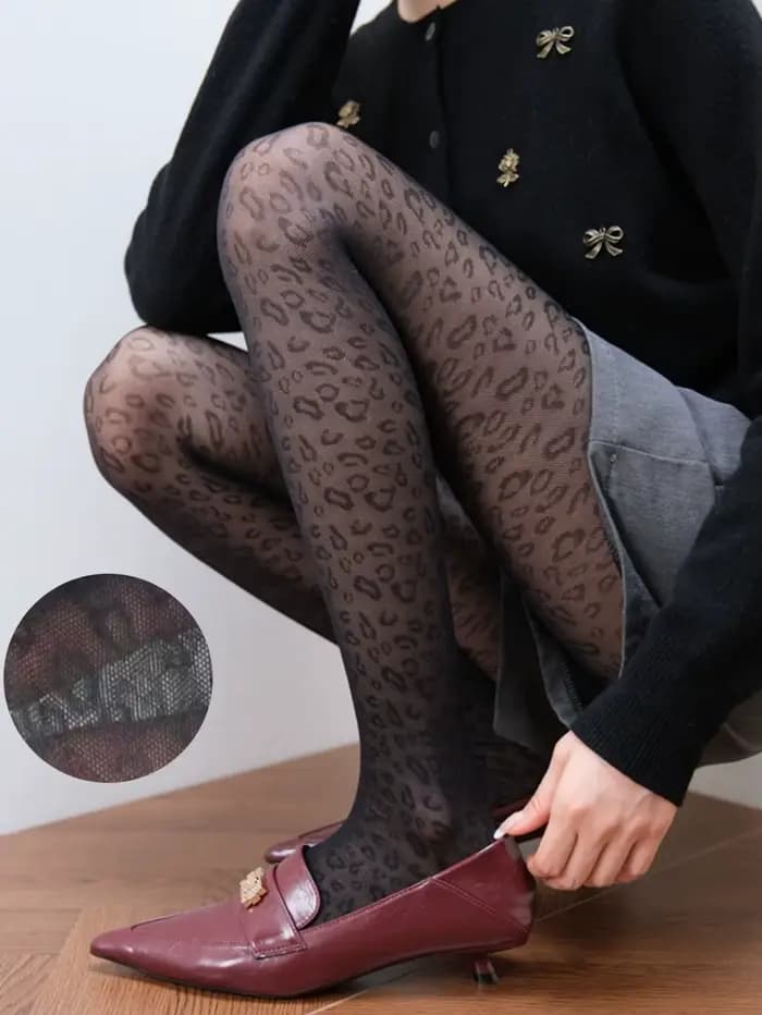1 paire de collants noirs pour femmes, collants sexy transparents à imprimé léopard, bas à la mode