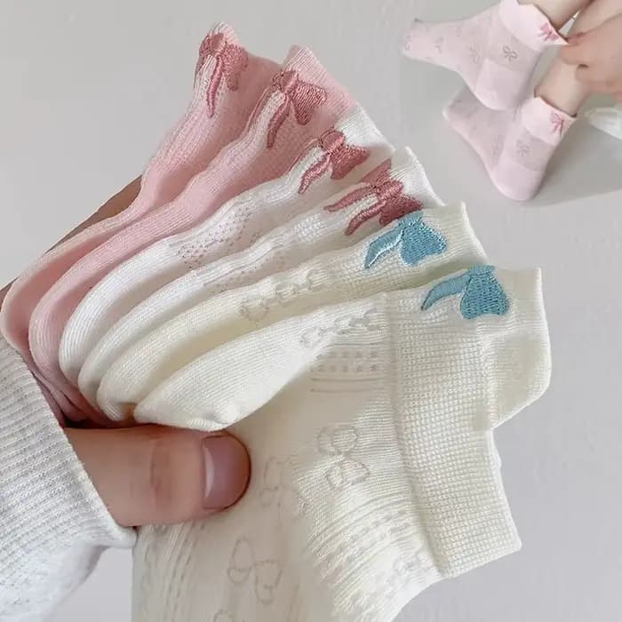 5 paires de chaussettes confortables et respirantes pour femmes, mode printemps-été, avec nœud mignon, chaussettes bateau simples, chaussettes tube simples