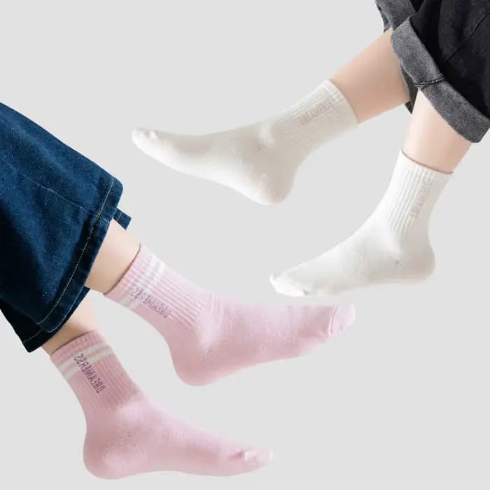 5 paires de chaussettes pour filles, chaussettes mi-mollet sportives et respirantes, avec double barre et lettres, chaussettes colorées pour enfants et étudiants