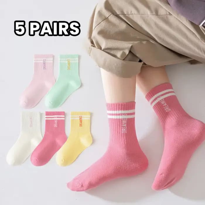5 paires de chaussettes pour filles, chaussettes mi-mollet sportives et respirantes, avec double barre et lettres, chaussettes colorées pour enfants et étudiants