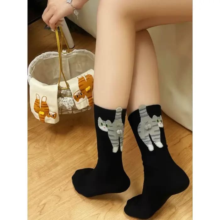 Chaussettes en coton avec boules de chat mignonnes, chaussettes tricotées Kawaii Lolita pour femmes et filles, chaussettes de sommeil à Tube central, chaussettes de sol imprimées de chat