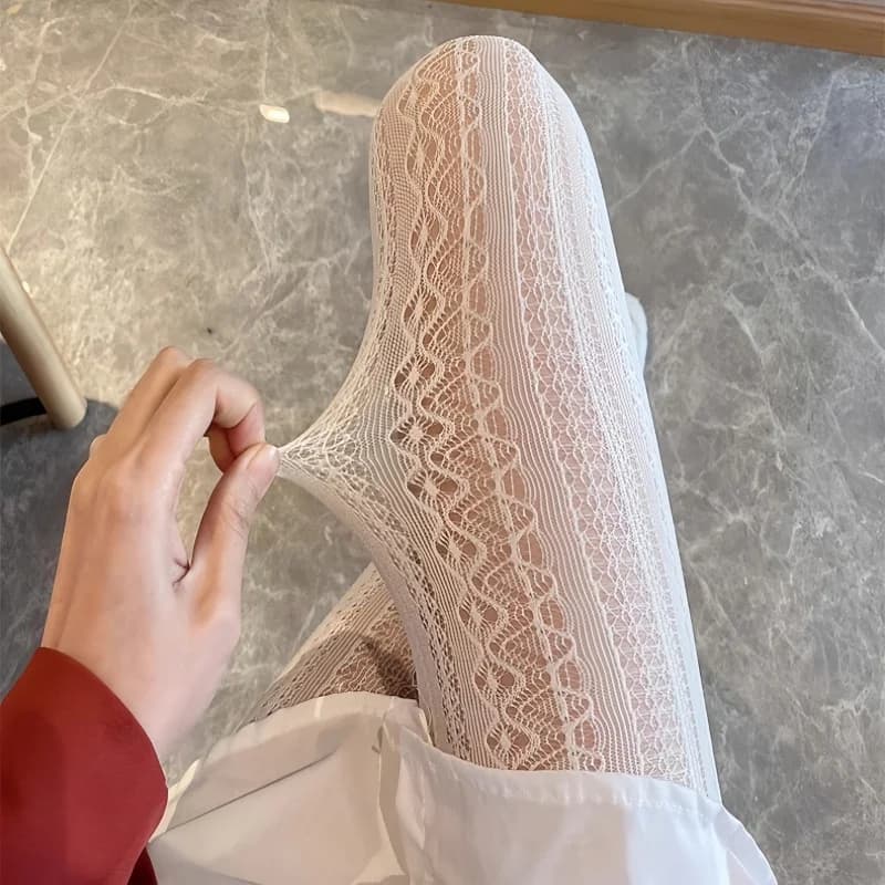 Collants de mode Lolita blancs pour femmes, motif dentelle ajouré, bas en maille, collants à fond, c