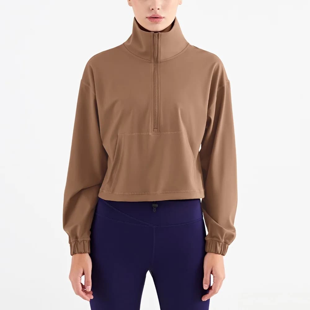 Veste de sport pour femmes, col haut, demi-fermeture éclair, poches amples, manches longues, chemise de Yoga, manteau de gymnastique, haut d'entraînement complet