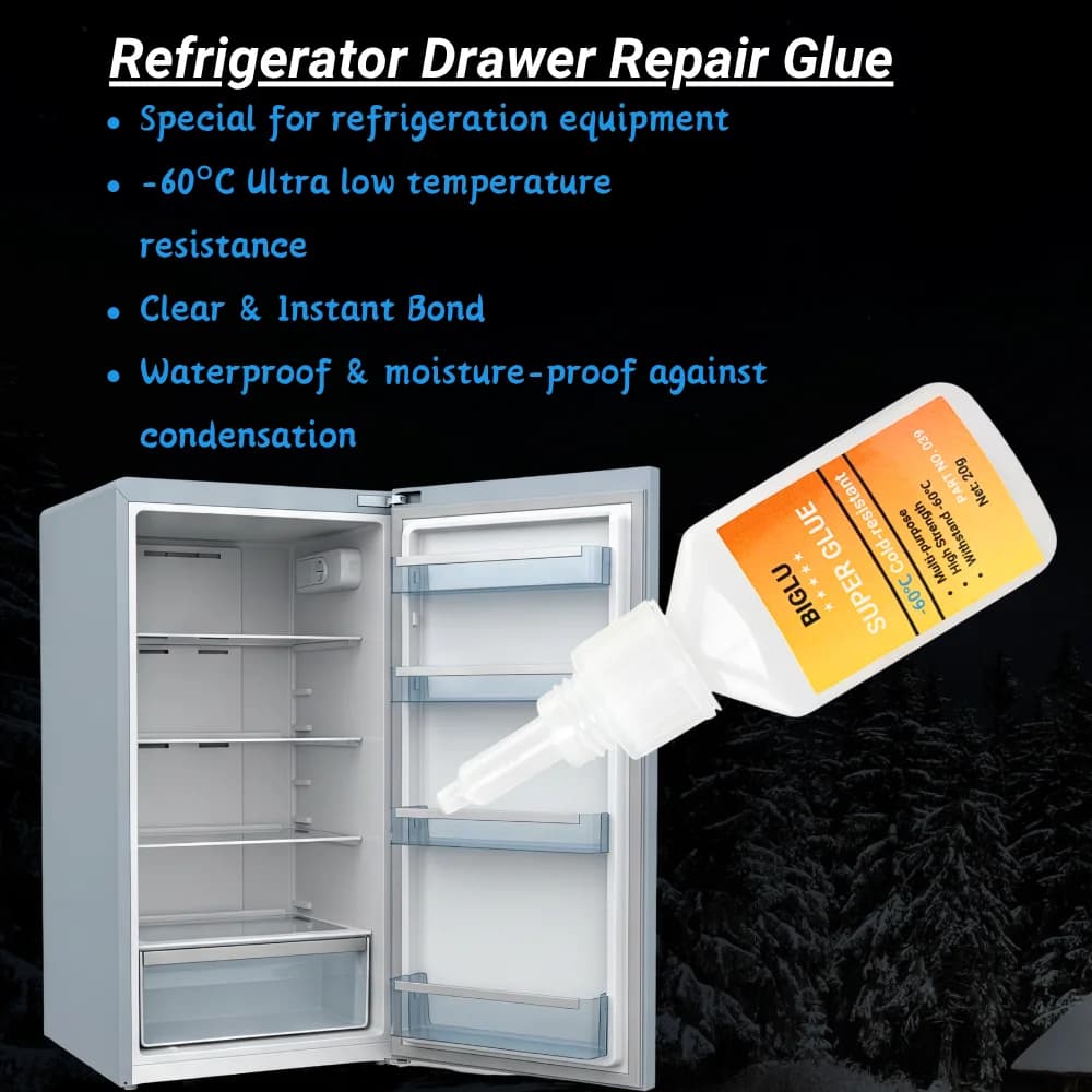 Colle de réparation pour tiroirs de réfrigérateur, -60 ℃   Colle super résistante aux basses températures, adhésif instantané pour tiroirs de congélateur en PVC et ABS
