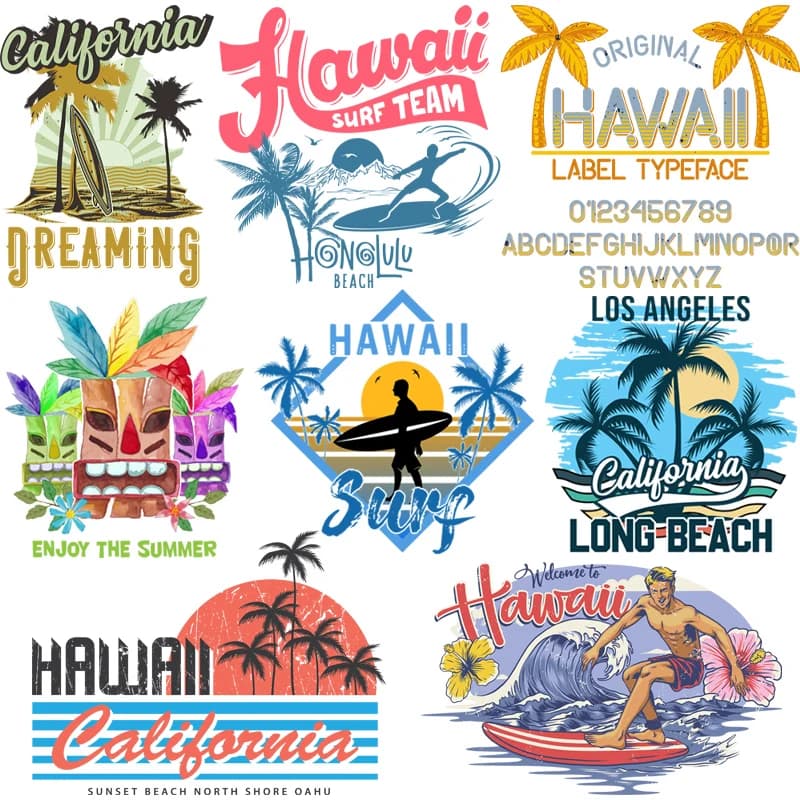 Patch de personnage de transfert à repasser pour vêtements, autocollants sur tissu, décor d'applique, plage d'été, surf, mode lettre Design