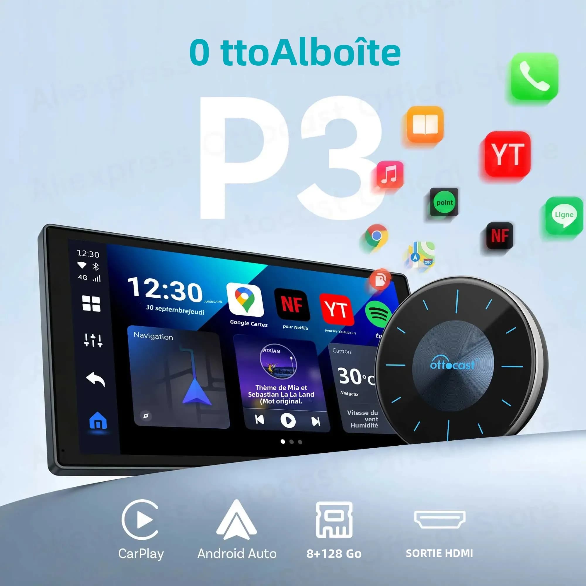 Boîtier Android TV OTTOCAST P3 AI pour sortie HDMI, CarPlay sans fil, Android Auto, accessoires de voiture pour Toyota, VW, Honda, Kia, Benz, Nissan