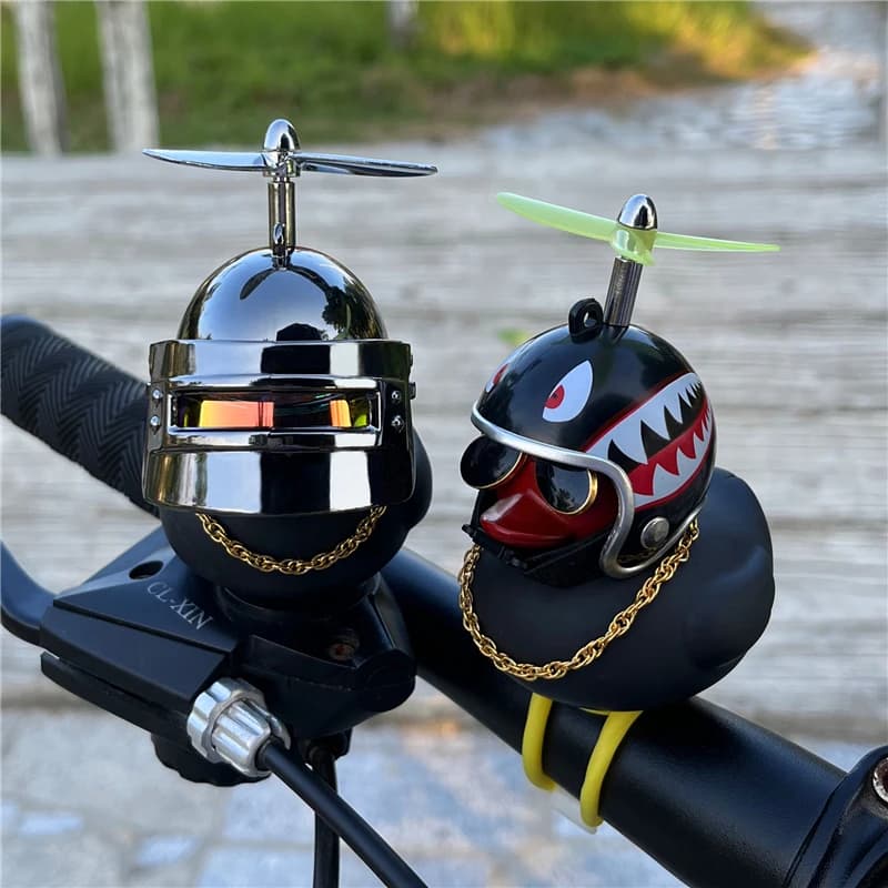 Ornements de voiture cornes de vélo presser canard noir avec sangles casque, ceinture élastique en Silicone cloche de vélo pour enfants Sport en plein air