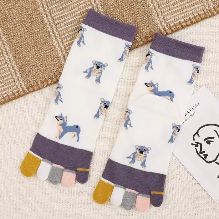 Chaussettes colorées à cinq doigts pour femmes, chaussettes de dessin animé pour chien, 100 coton, t