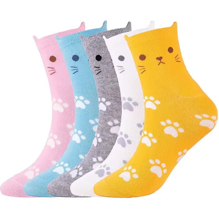 5 paires de chaussettes pour femmes en coton avec motif de pattes de chat, chaussettes mignonnes à i