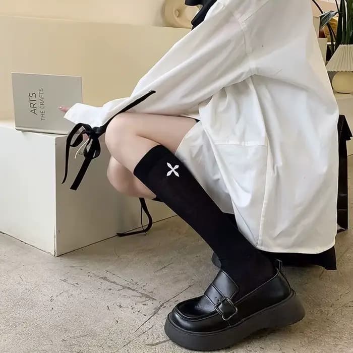 JK-Chaussettes fines à cœur croisé noir et blanc pour femme, beaux bas japonais, document solide, co