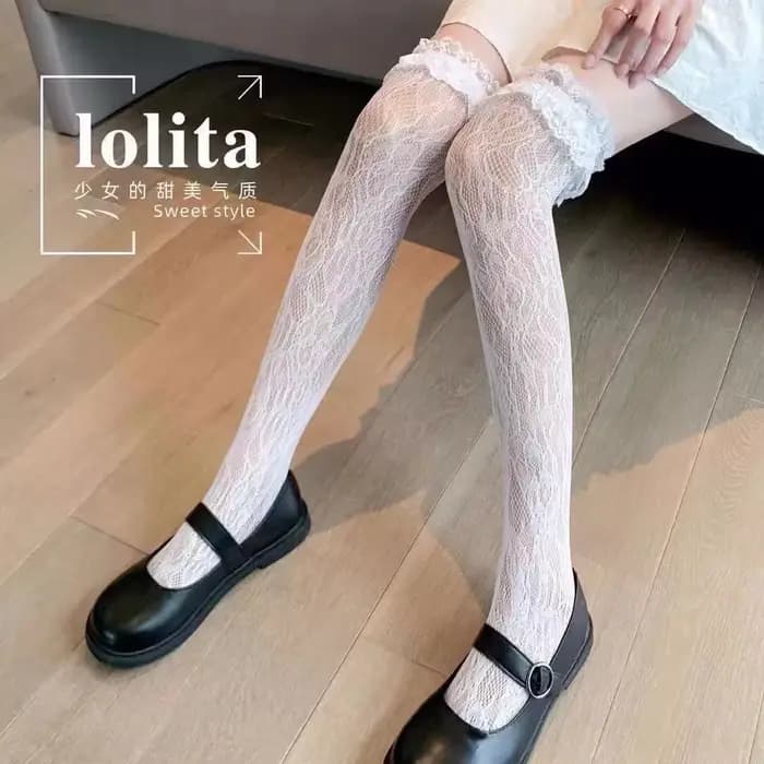 Femmes Lolita résille cuisse haute chaussettes Style japonais coeur rayé dentelle à motifs sur le ge
