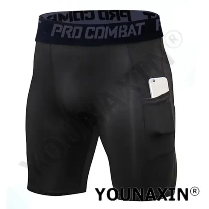 Collants de sport noirs pour hommes, collants de course, Shorts avec poches, couche de Base, sous-vê
