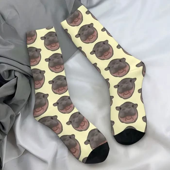 Moo Deng Pygmy Hippo criant chaussettes Kawaii bas unisexe hommes qualité cyclisme chaussettes hiver