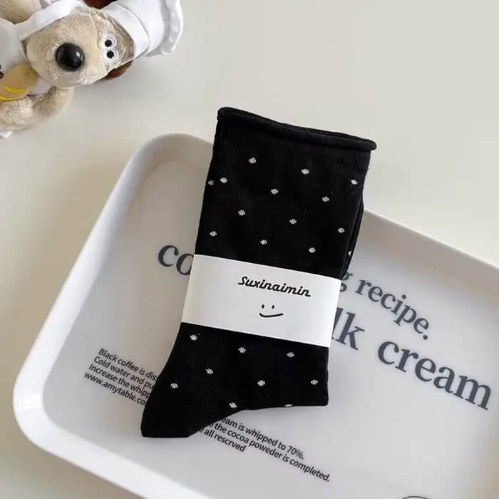 Chaussettes fines vintage crème à bords bouclés pour femmes, chaussettes mi-tube à pois, chaussettes