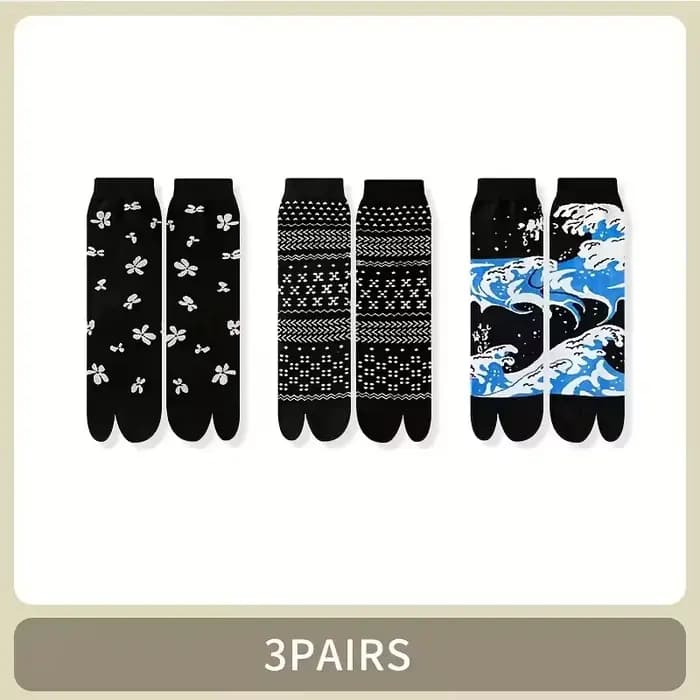 3/5 paires de chaussettes mi-mollet en coton à orteils séparés, motif floral mignon, style japonais