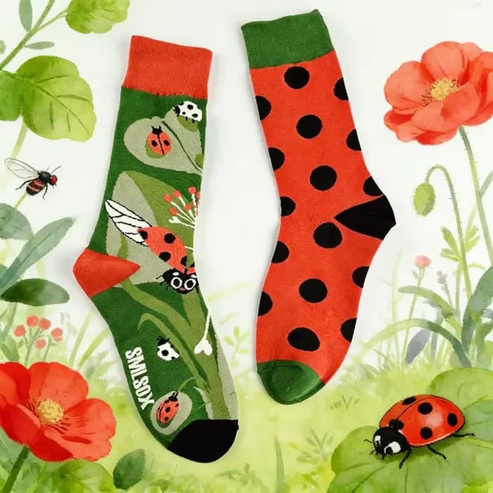 1 paire de chaussettes asymétriques mi-mollet coccinelle jardin-chaussettes de couleur contrastée im