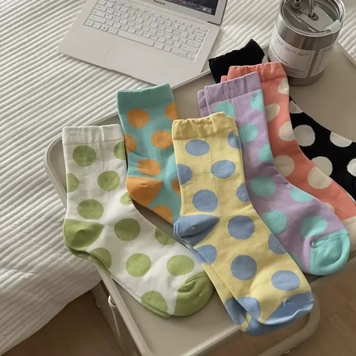 6 paires de chaussettes colorées à pois pour femmes au printemps et en été, chaussettes mi-mollet, c