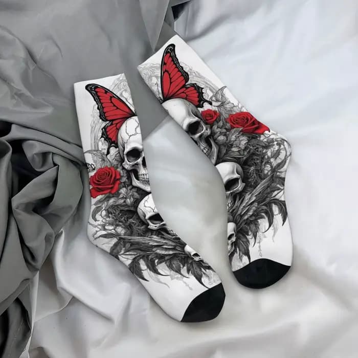 Chaussettes pour hommes avec illustration de crâne gothique sombre, chaussettes de sport amusantes,