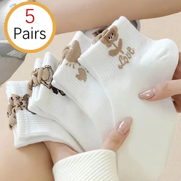 5 paires de chaussettes à motif ours en peluche pour femmes, polyvalentes, à la mode, créatives, res