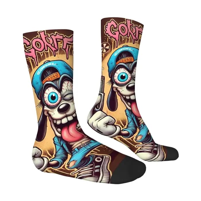 Chaussettes mi-mollet à imprimé chien de dessin animé amusant, style graffiti urbain, aspect vieilli
