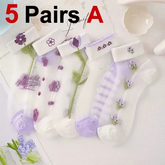 5 paires de chaussettes courtes à motifs de fleurs pour femmes, à la mode, fleur violette, fines, re